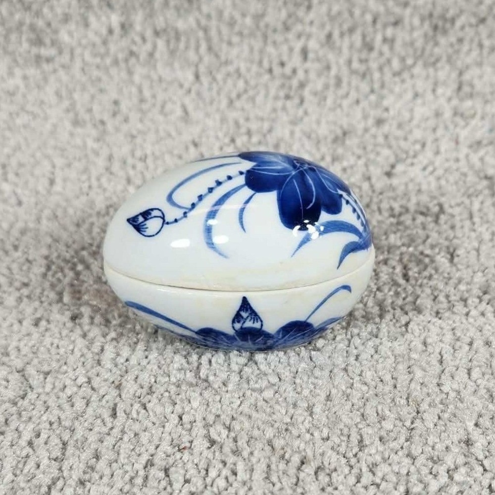 Trinket Box Blue White Floral Egg Shape Handcrafted Thailand